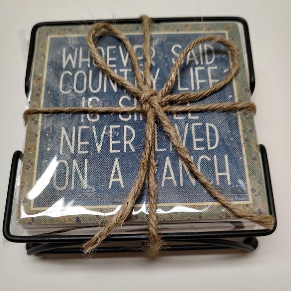 Primitives by Kathy Coaster Set - Ranch Themed - 4 coasters in Wire Holder